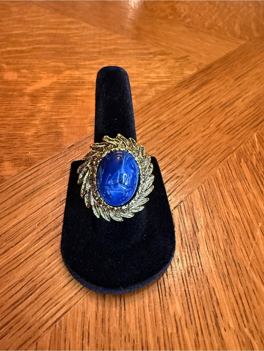 Gold Leaf Frame Blue Cabochon Statement Ring - Women Jewelry